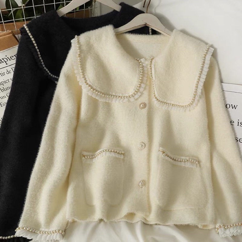 Áo khoác cardigan len lông vũ cổ bèo áo chất liệu mềm mại sang chảnh có ảnh thật, có sẵn/order.