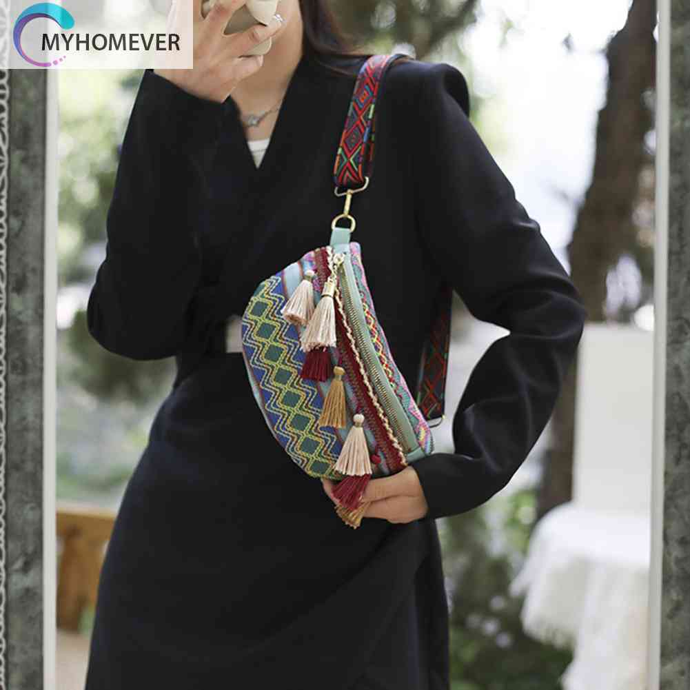 Túi Đeo Chéo Ngực Vải Canvas Phối Tua Rua Phong Cách Thổ Cẩm