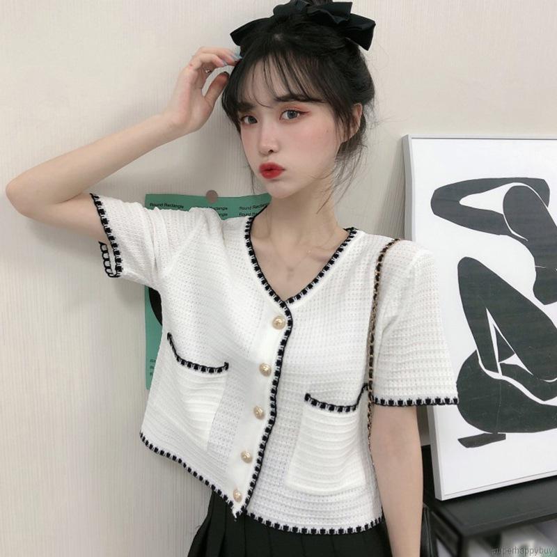 Áo dệt kim tay ngắn phong cách Hàn Quốc trẻ trung cho nữ