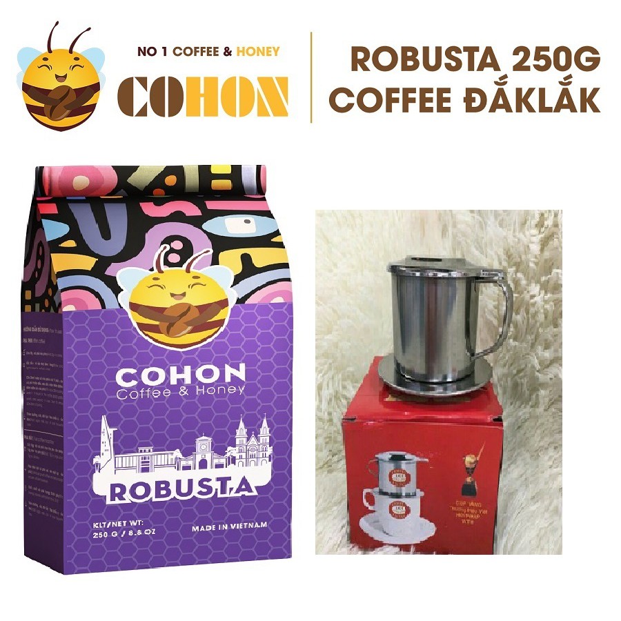 Cà phê Arabica 250g coffee chuẩn vị Tây Nguyên kèm phin pha cafe inox  Cà phê Arabica thương hiệu COHON 250G cà phê Tây