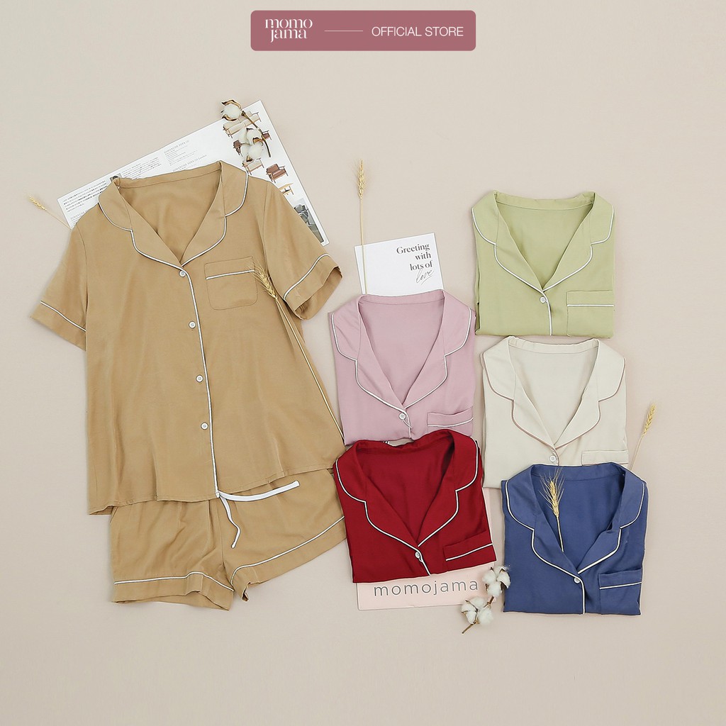 Bộ Pijama lụa trơn MOMOJAMA áo cộc quần cộc, bộ đồ mặc nhà cute chất liệu lụa tằm, size từ 40 -70kg, M1922
