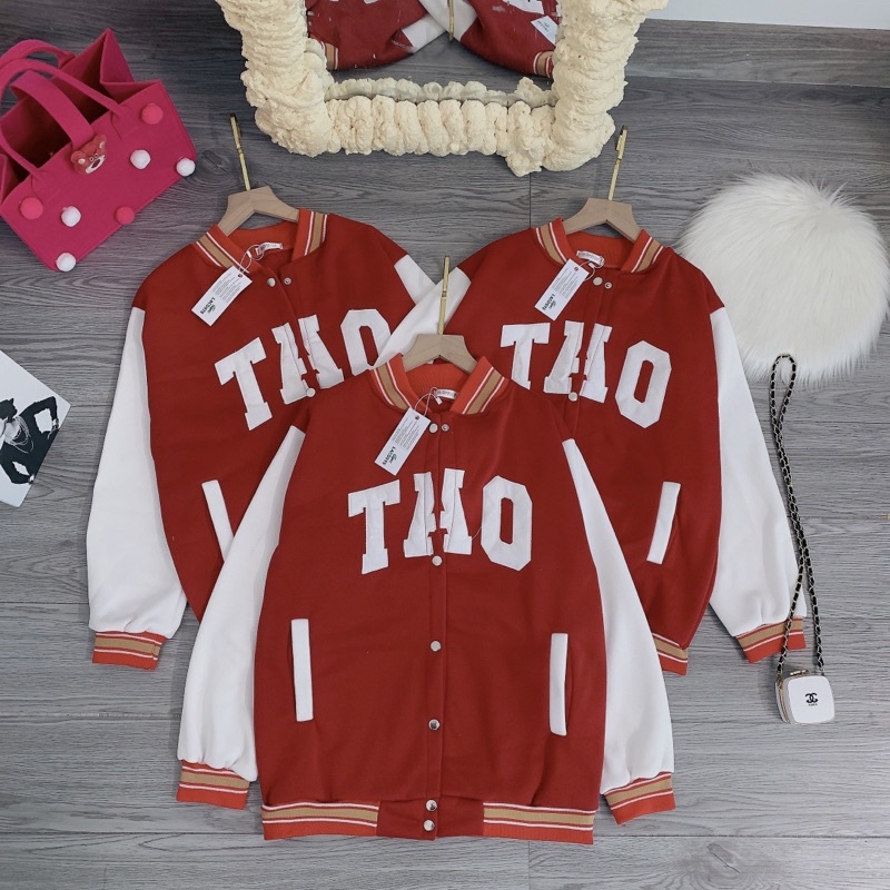 Áo Bomber Nỉ Tàu Đỏ Áo Khoác Bóng Chày TAO Đỏ Trắng