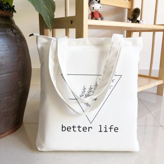 Túi tote vải canvas có khoá miệng in butter life cành hoa lá đơn giản dễ phối đồ