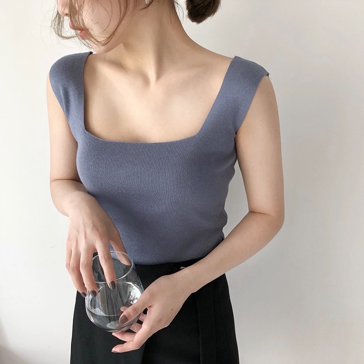 Áo thun dệt kim SUXI không tay phong cách Hàn Quốc