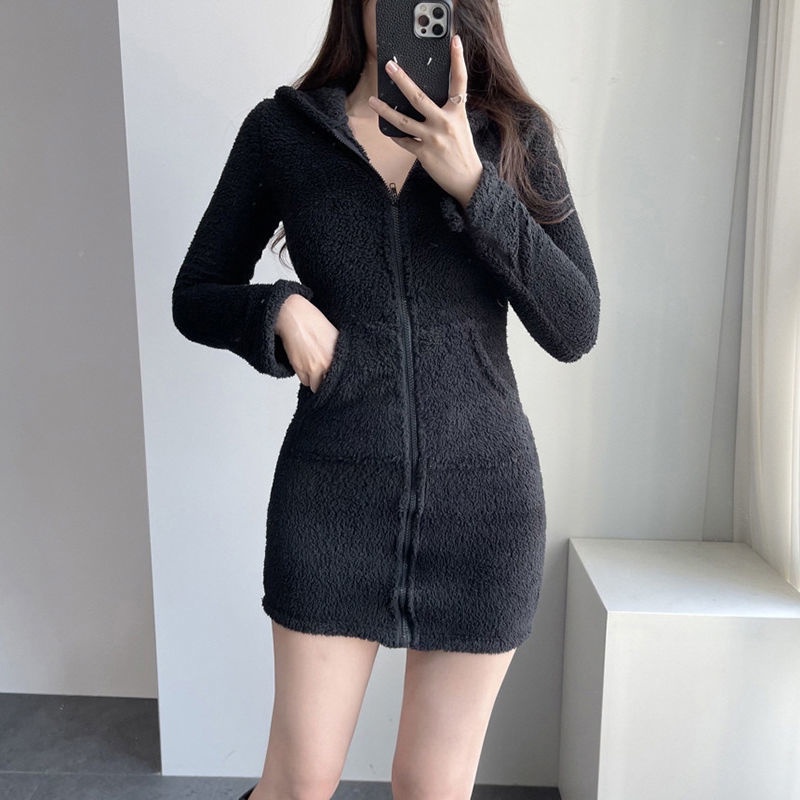 Rapcopter European and American lamb plush hat dress female zipper pocket slim look thin spicy girl hip skirt