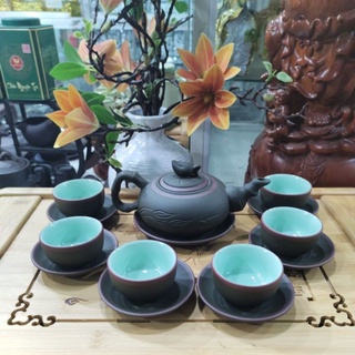 Bộ ấm tử sa Bát Tràng - Ấm trúc đào xanh rêu