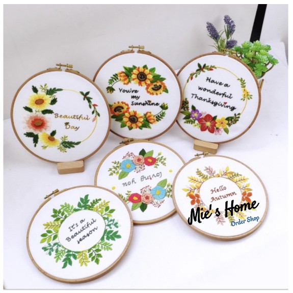 Kit DIY tranh tự thêu tay - mẫu Hoa cỏ và lá Love you Miss you có hướng dẫn (đã bao gồm khung thêu) Mie handmade Shop