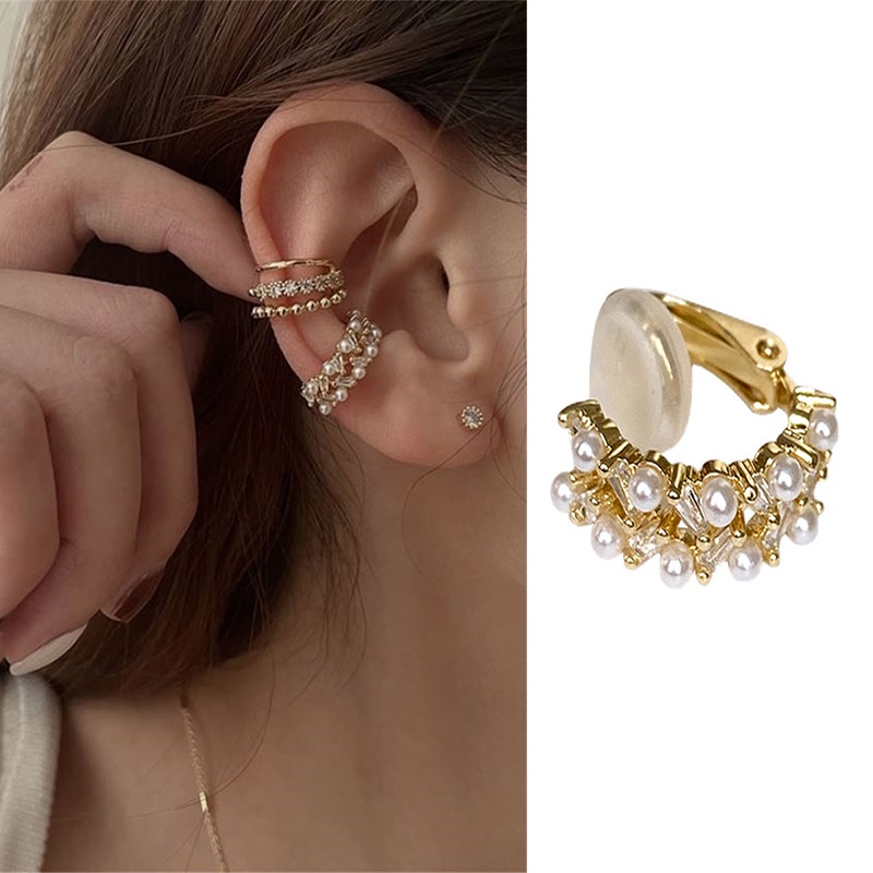 1 khuyên tai dạng kẹp đính ngọc trai giả nhiều lớp bằng đồng phong cách Hàn Quốc