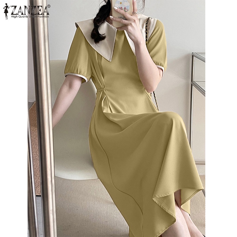 Đầm dài Zanzea tay ngắn có nút cài sau lưng màu tương phản phong cách Hàn Quốc thời trang cho nữ