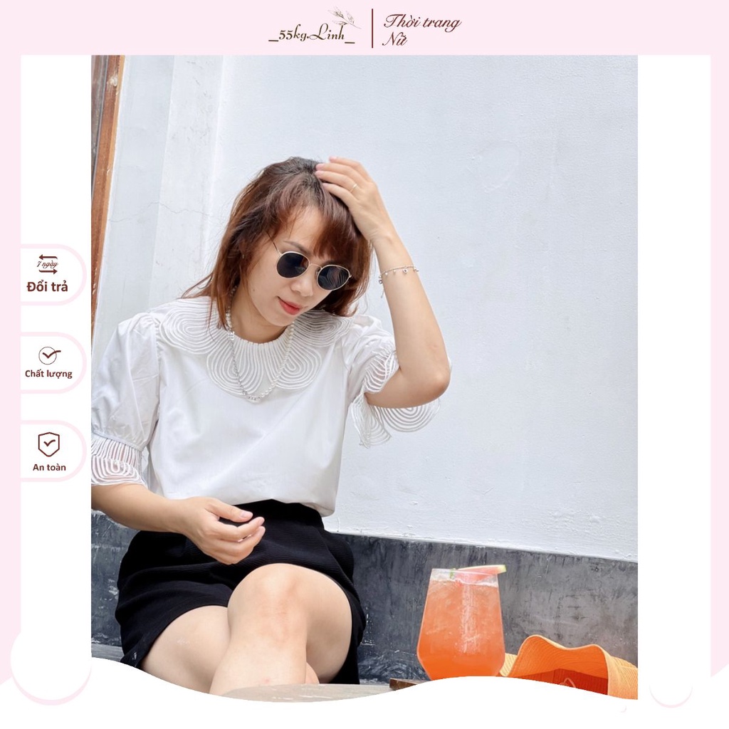 HÀNG SẴN Áo sơ mi trắng đắp cổ ren và tay cách điệu, Áo sơ mi công sở