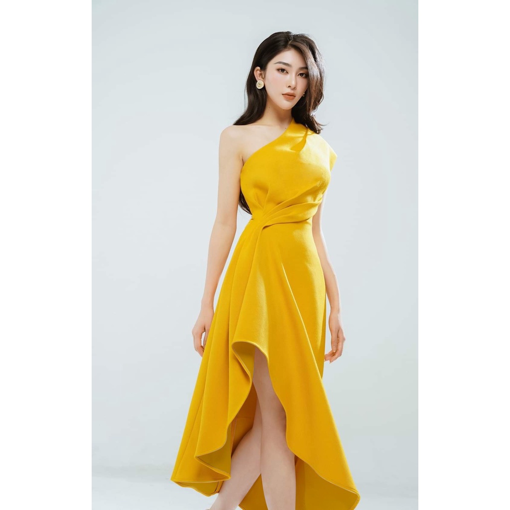 Đầm xòe kiểu lệch vai xếp ly eo xéo tà (HÀNG CAO CẤP)