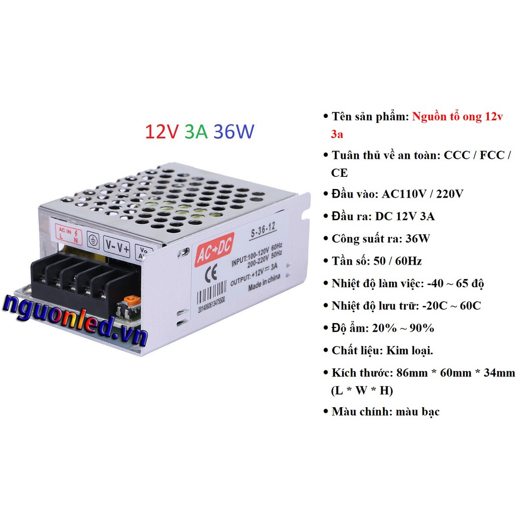 NGUỒN TỔ ONG 12V 1.25A/2A/3A-15W/24W/36W , KHÔNG QUẠT,LOẠI TỐT,GIÁ RẺ.MUA TẠI SHOPNGUONLED.