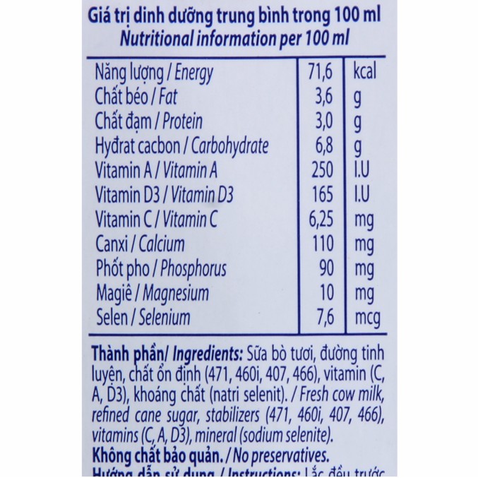 [CHÍNH HÃNG] Sữa Tươi Tiệt Trùng Vinamilk 100% Ít Đường Thùng 48 Hộp x 180ml