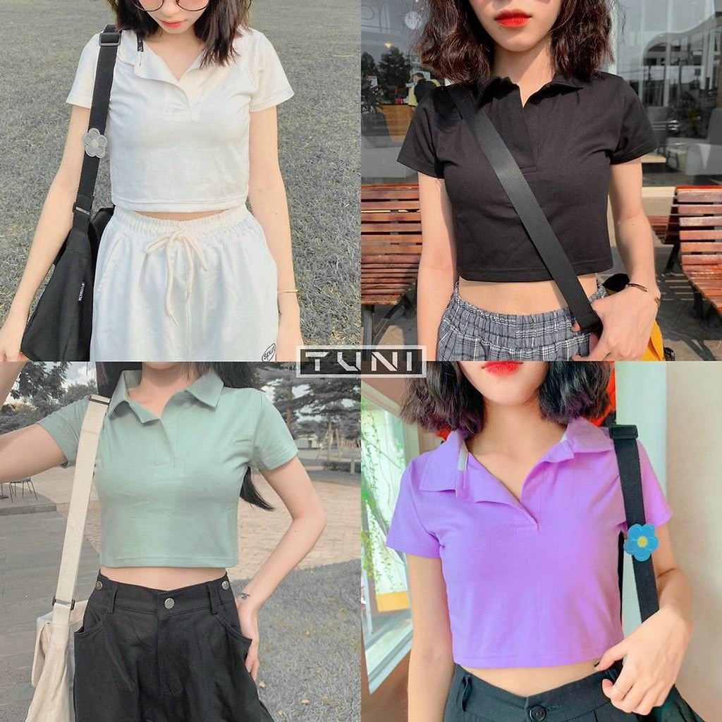 Áo thun nữ kiểu tay ngắn cổ bẻ trơn dáng croptop tôn dáng xinh