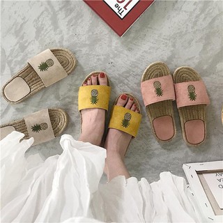 ⭐️Dép cói đế bằng mềm chống trượt thêu hình quả dứa xinh xắn