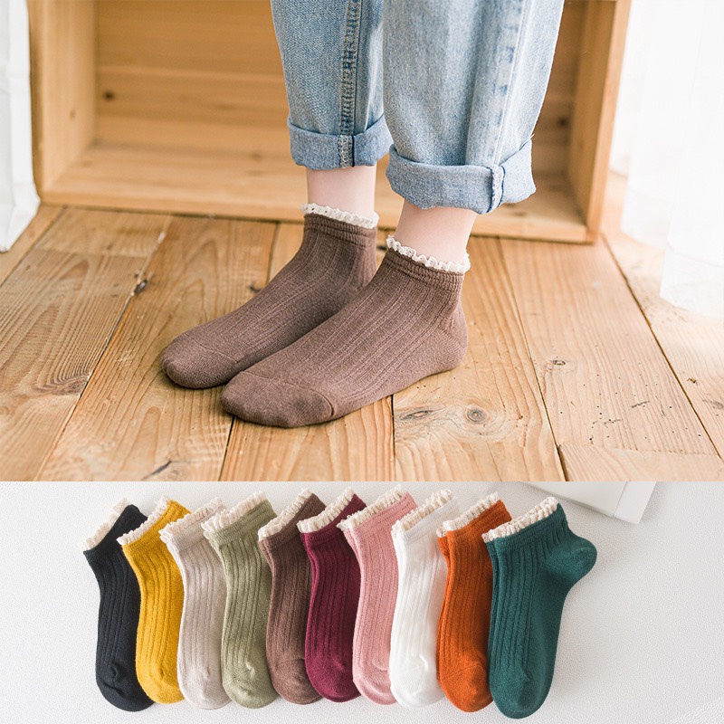 Tất nữ [Hera] Set 5 đôi Tất cổ ngắn cho nữ ren bèo nhún Vớ dệt kim chất cotton
