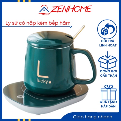 Ly sứ có nắp kèm bếp đun giữ nhiệt cốc chưng yến hâm cháo pha trà đa năng sang trọng