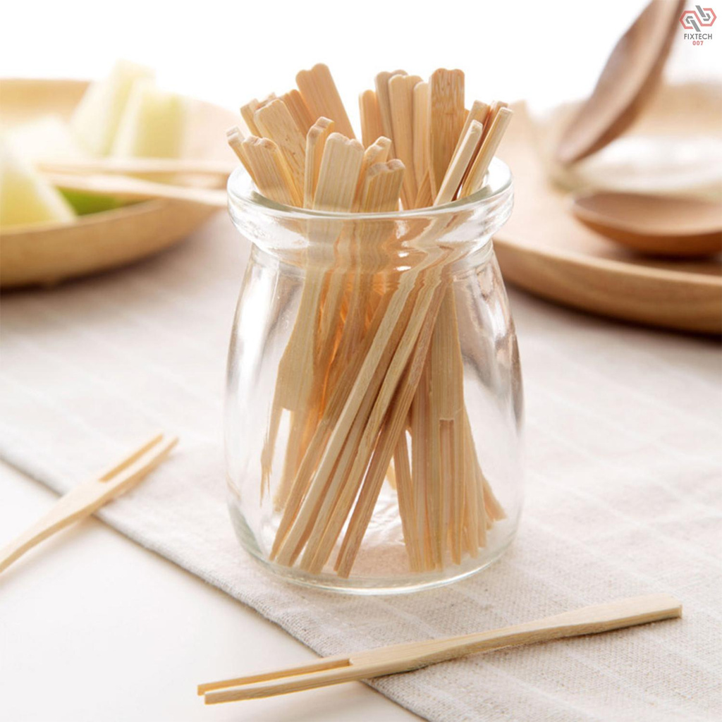 Fruit Fork Dessert Bamboo Forks Mini Food Picks Kitchen Set Salad Snack Banquet Buffet Catering Two Prongs Blunt End Toothpicks 100PCS