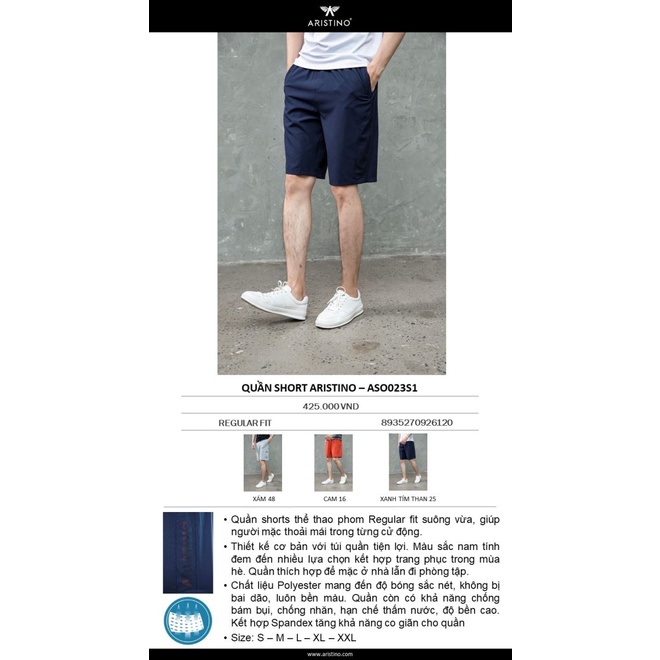 Quần short gió nam ARISTINO cạp chun dây rút chữ aristino dọc quần reguler Aso023s1