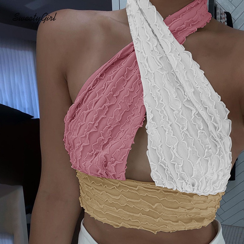 Áo kiểu tank top dây bắt chéo ôm dáng hở lưng màu sắc tương phản quyến rũ thời trang dành cho nữ