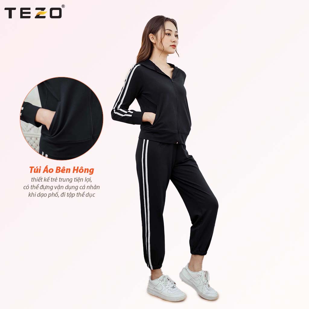 Bộ nỉ nữ nữ phối viền có mũ TEZO(3 màu)Tách lẻ quần áonỉ nữ thể thao chất liệu da cá mã 2112ANKK02