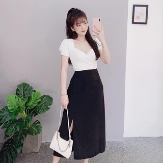 [Hình thật] Chân váy midi xẻ tà màu đen
