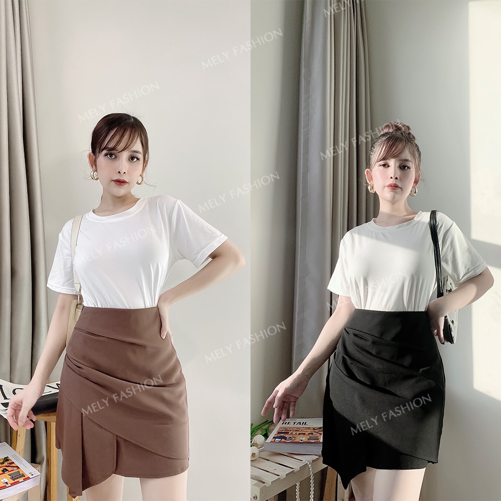 Chân váy ngắn chữ A nhún eo lưng cao vạt chéo giấu bụng phong cách Hàn Quốc sang chảnh Mely Fashion CV03