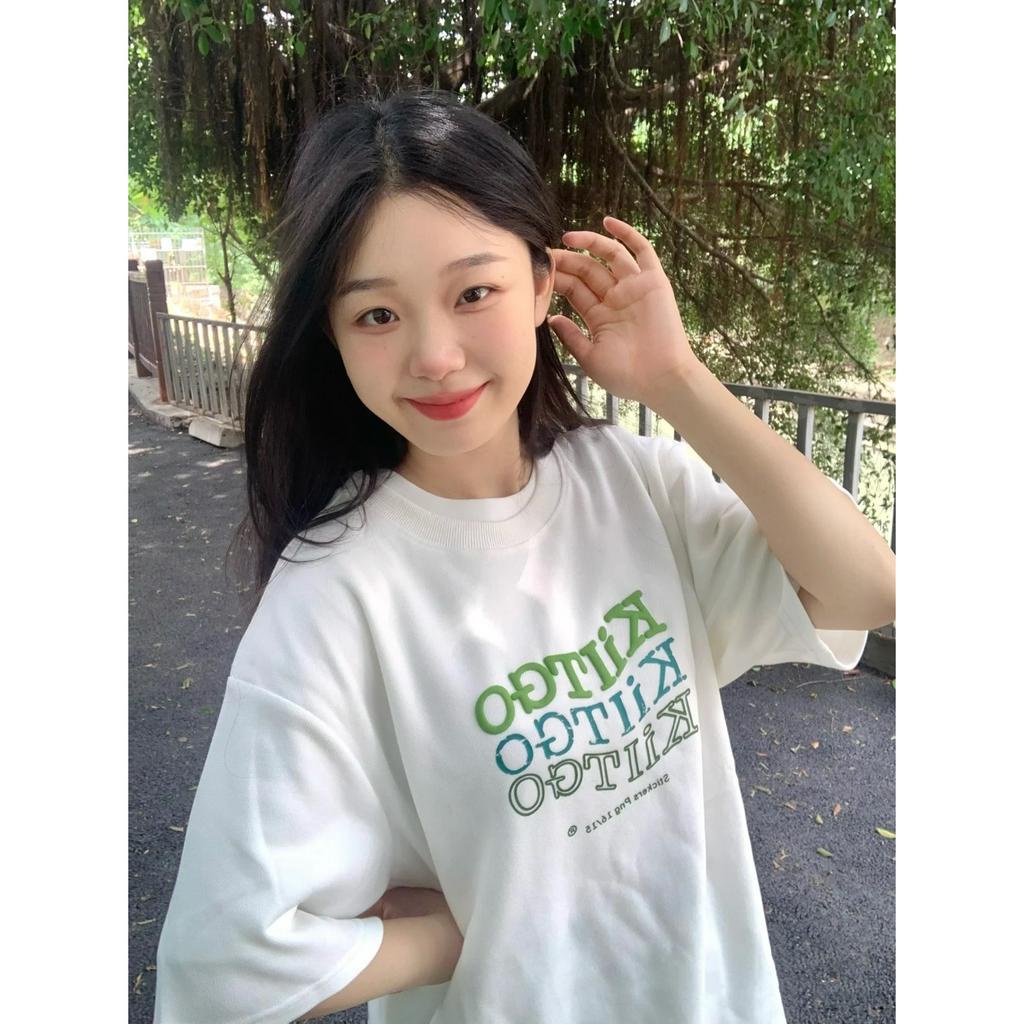 Ethelgirl Áo Thun unisex Dáng Rộng Tay Cộc In Chữ Thời Trang Hàn Quốc