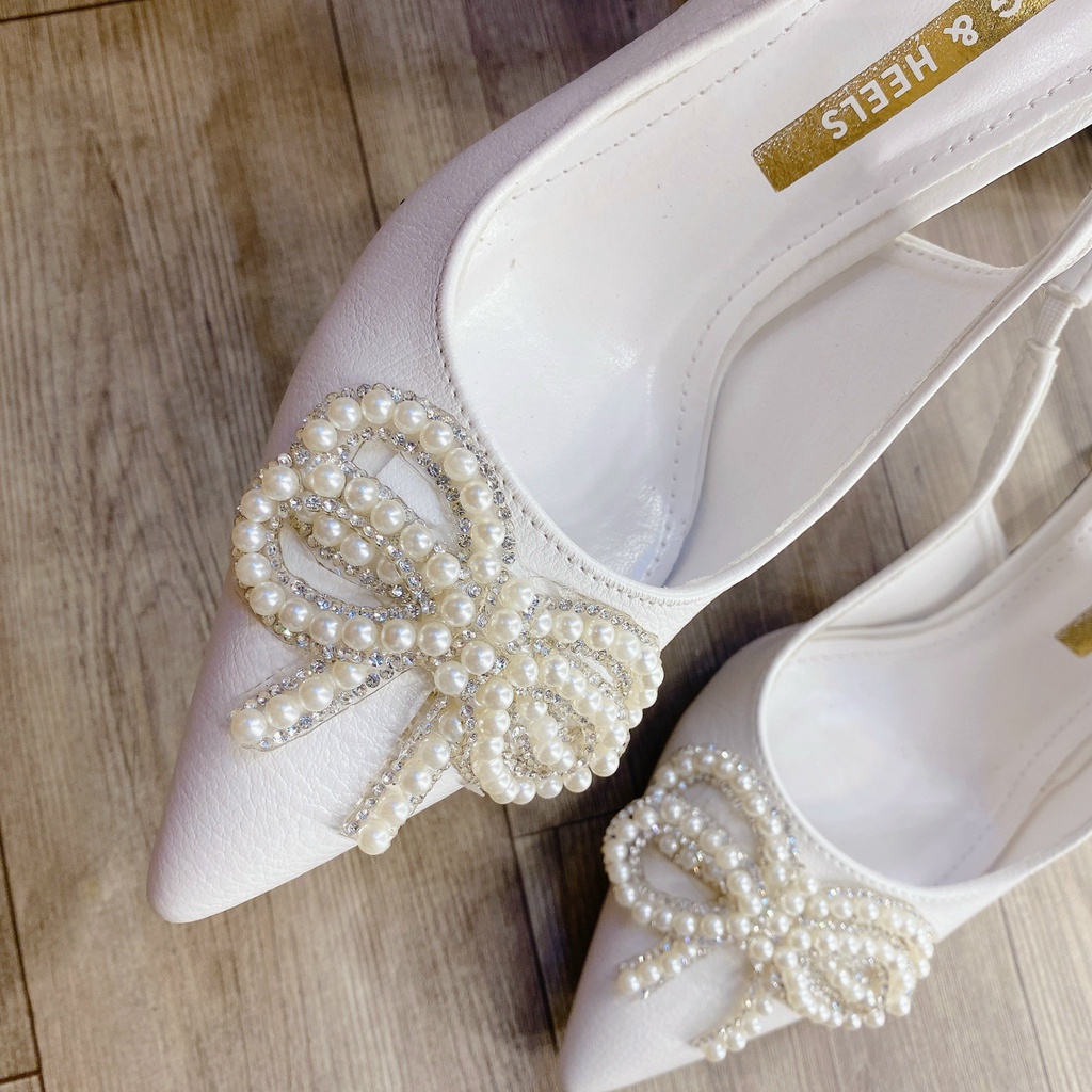 Giày cao gót bít mũi nơ chất liệu ngọc 7cm nhẹ nhàng nữ tính