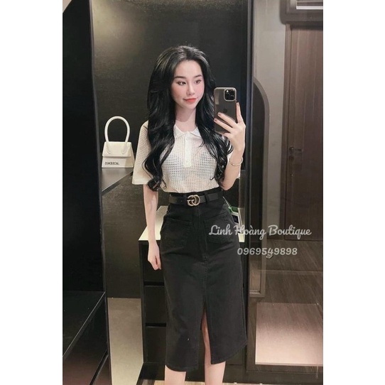 Chân váy Kaki đen xẻ trước
