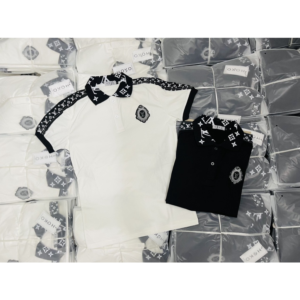 Áo thun nam nữ cổ trụ tay ngắn thêu logo LV tròn trước ngực phối vai áo chất cotton thoáng mát thời trang mùa hè hot