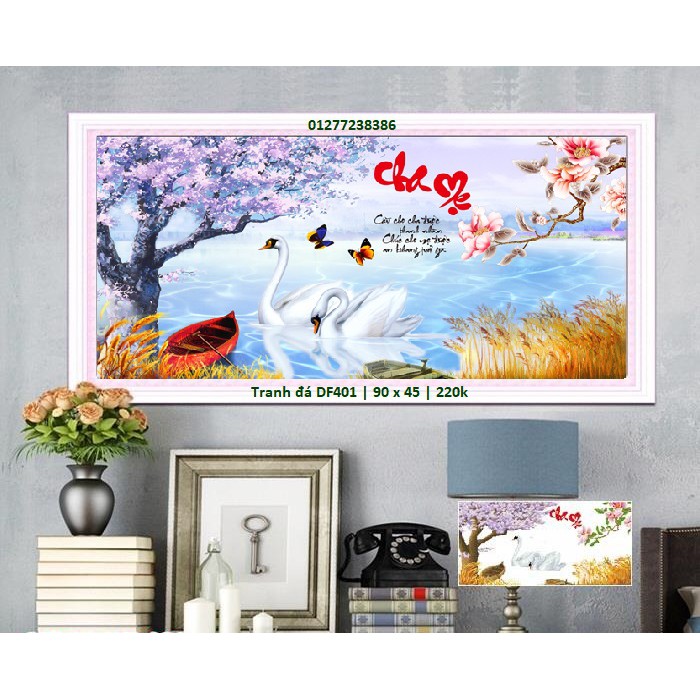 Tranh thêu chữ thập, tranh đính đá cha mẹ 88915 (70 x 37 cm), DF401 (90 x 45 cm)
