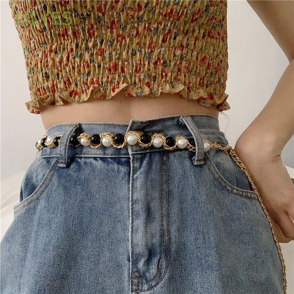 Đai Thắt Lưng Bằng Hợp Kim Đính Ngọc Trai Có Thể Điều Chỉnh Cho Nữ