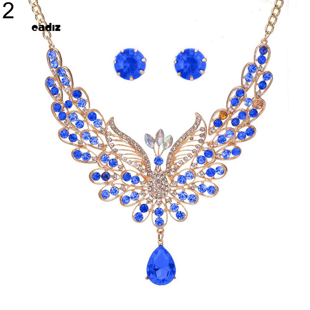 Bộ dây chuyền và khuyên tai hình đuôi công đính đá nhiều màu