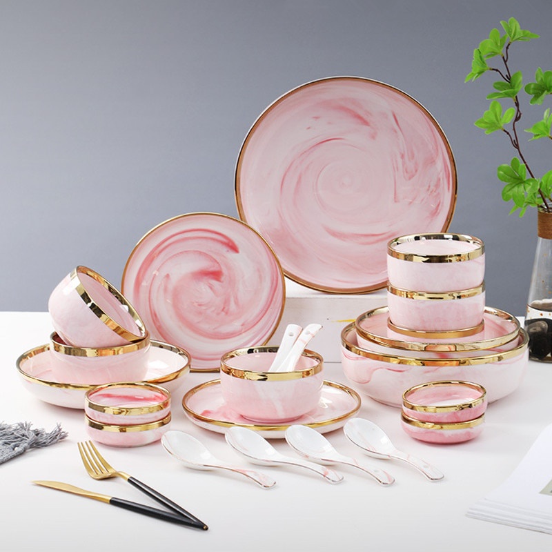 Bộ bát đĩa khay sứ vân đá hồng viền vàng cao cấp