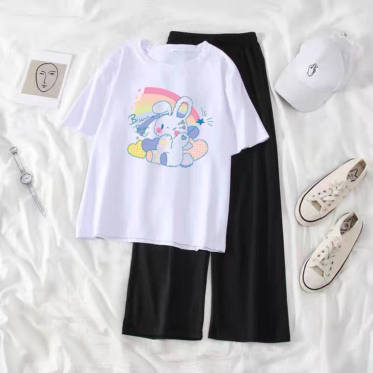 Sét áo Phông Họa tiết 3D đẹp + quần suông ống rộng, Áo thun from rộng, Chất đẹp không xù, Sét bộ mặ