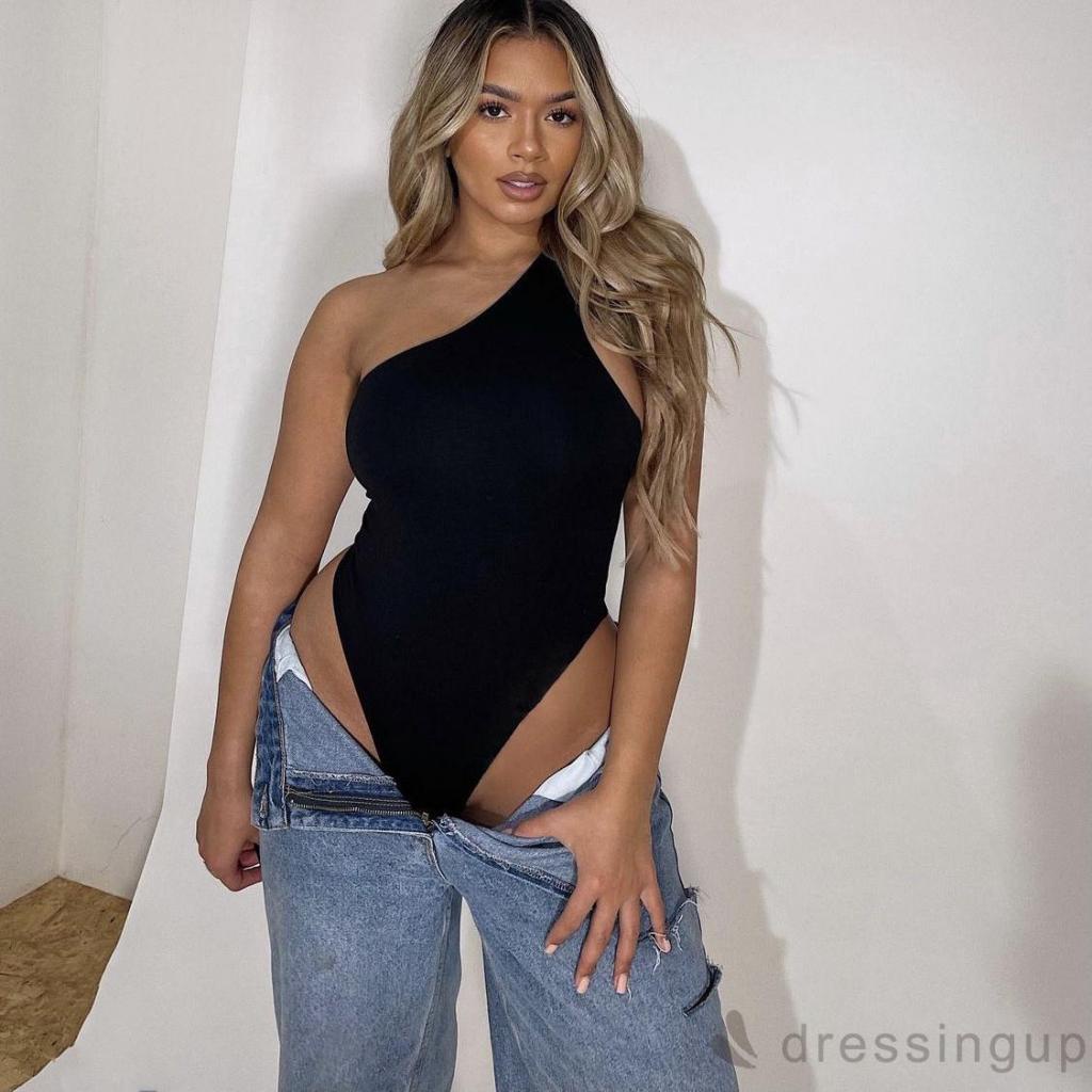 DRESSINGUP-Áo liền quần vai chéo không dây màu trơn dành cho bạn nữ