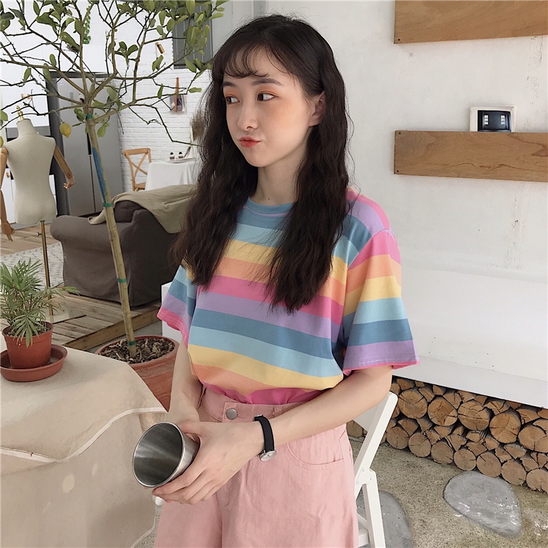 Áo Thun Tay Ngắn Cổ Tròn Họa Tiết Kẻ Sọc Nhiều Màu Sắc Thời Trang Cho Nữ
