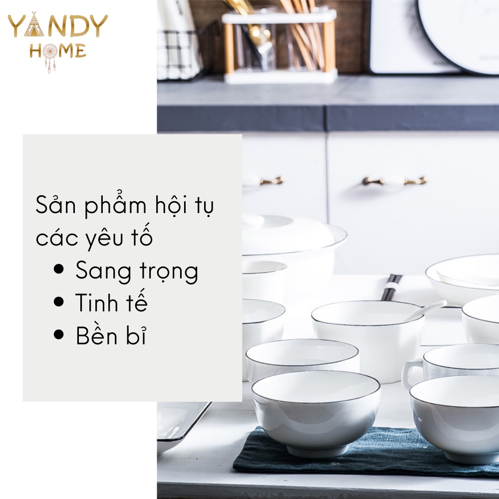 Bát đĩa gốm sứ YANDY HOME BB07 men trắng bóng viền đen trang sọng