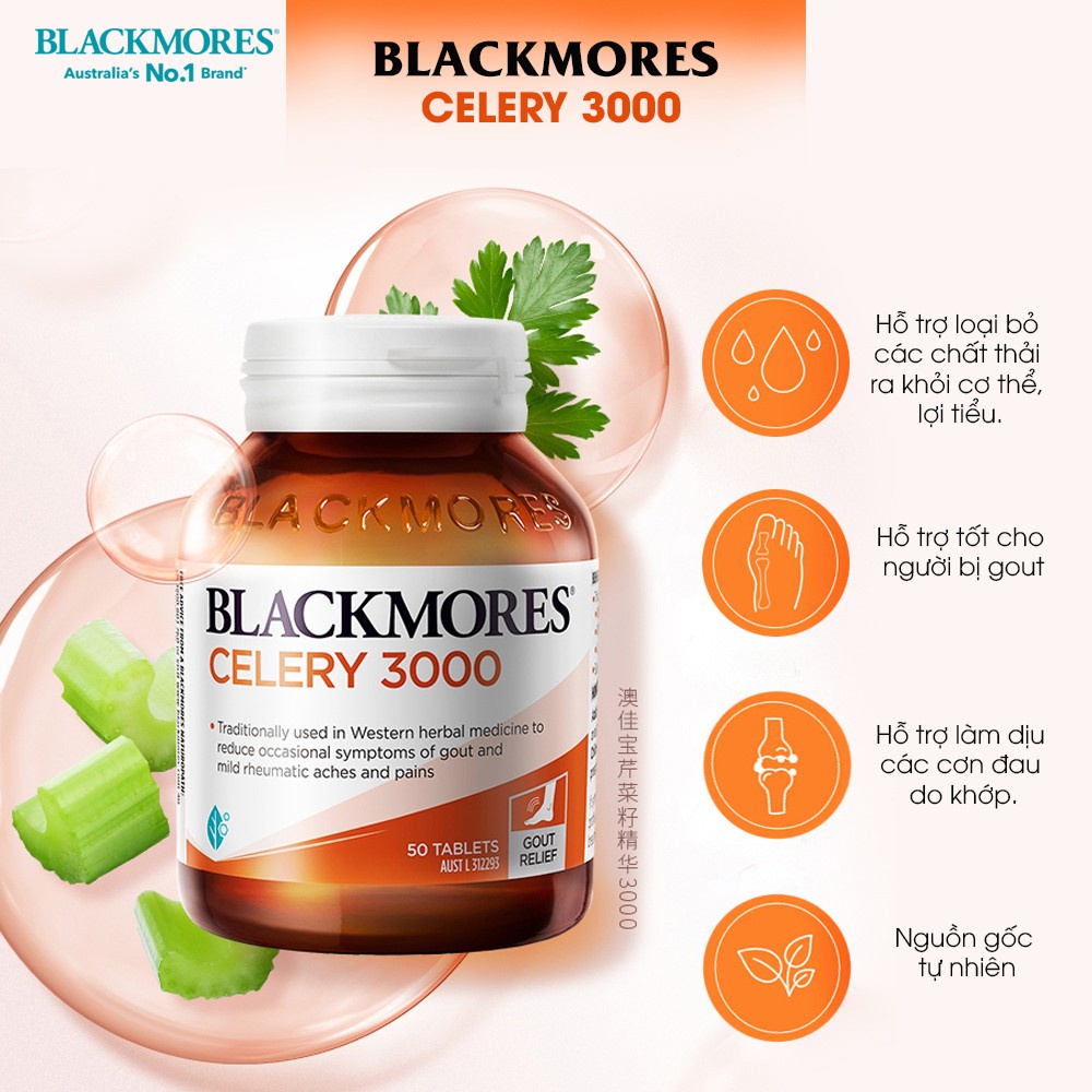 Viên uống hỗ trợ làm giảm và phòng ngừa các cơn đau do Gout Blackmores Celery 3000mg 50 viên của Úc