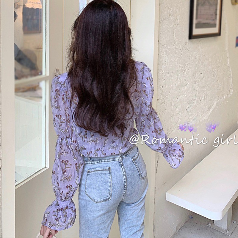 Áo Kiểu Tay Dài Cổ Tròn Chất Chiffon Hoạ Tiết Hoa Nữ Tính