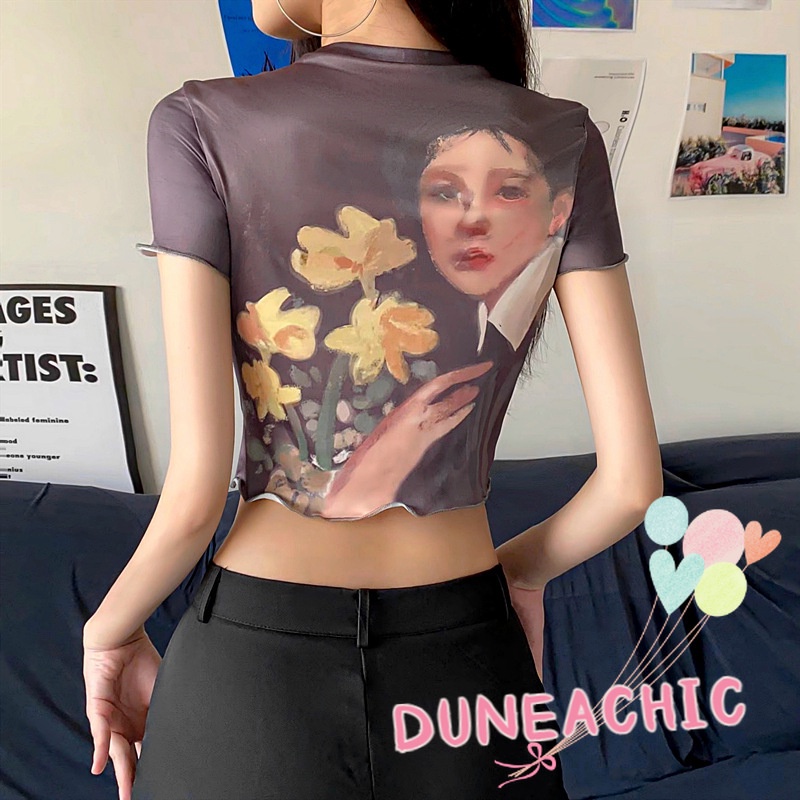 DUNEA Áo Thun Ngắn Tay In Họa Tiết Vintage Xinh Xắn Dành Cho Nữ