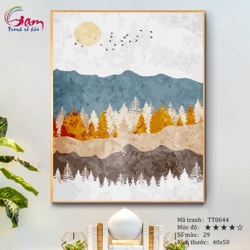 Tranh tô màu số hoá trừu tượng rừng thông có khung 40x50cm TT0644