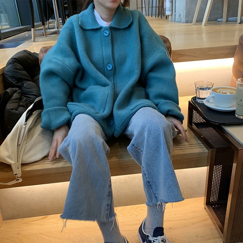 Áo khoác cardigan dệt kim dày dáng rộng phong cách retro Hàn Quốc mới