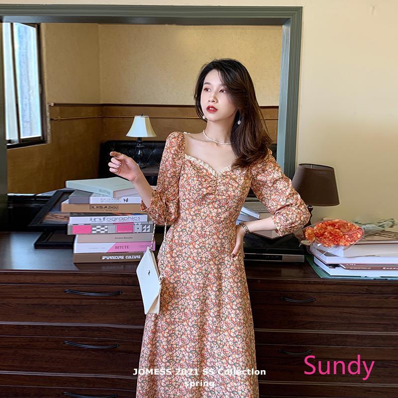 Đầm Dáng Dài Cổ Vuông In Họa Tiết Hoa Phong Cách Retro Pháp