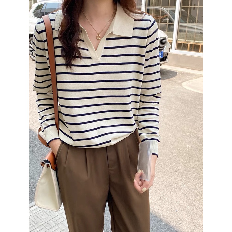 MS414 Áo len polo cổ bẻ kẻ ngang Hàn Quốc