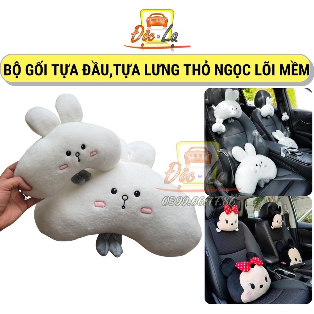 Bộ Gối Tựa Đầu, Tựa Lưng Trên Ô Tô Hình Thỏ Trắng Dễ Thương Lõi Bông Mềm Mại