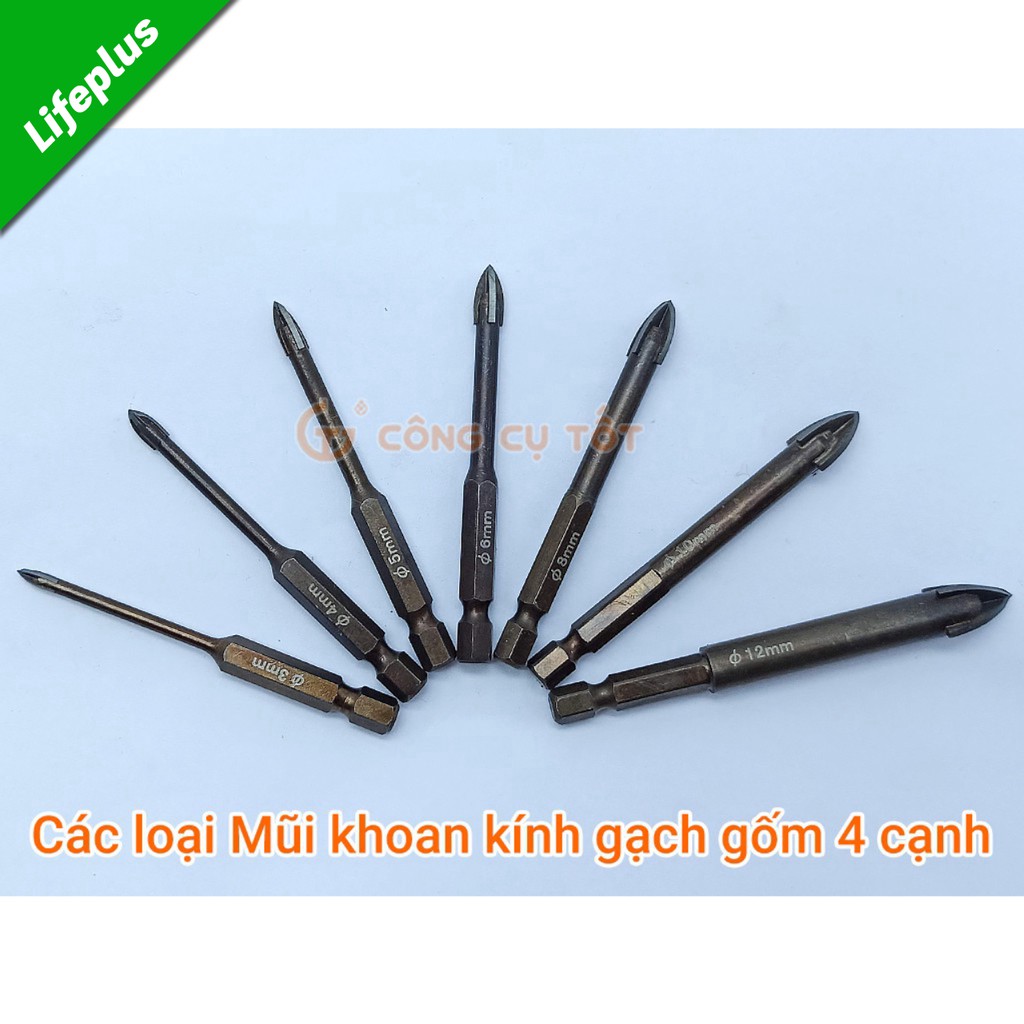 Mũi khoan kính gạch gốm mũi 4 cạnh carbide chuôi lục