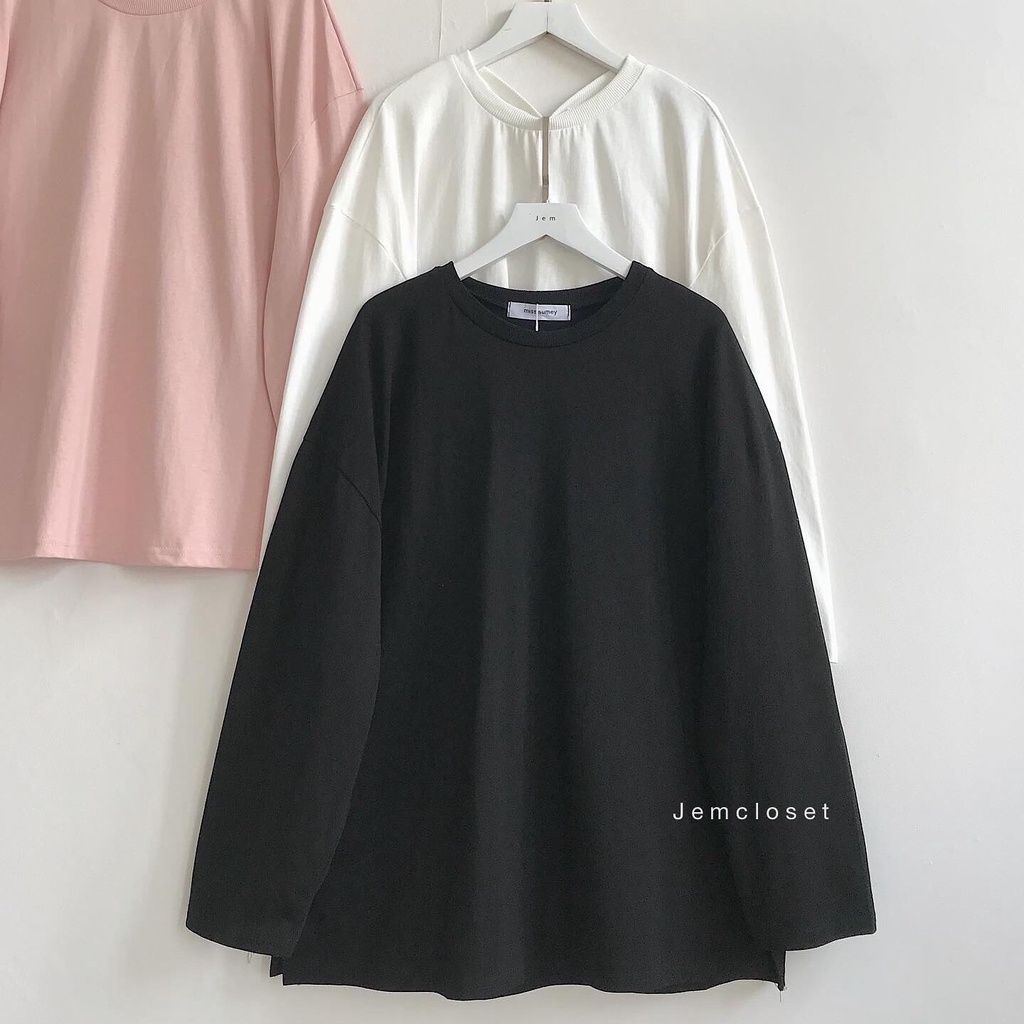 Áo Thun Tay Dài Xẻ Lai JEMCLOSET Áo Phông Nữ Form Rộng SUNMEY Phong Cách Basic Màu Đen Trắng Hồng Mix Đồ Cực Xinh 1283