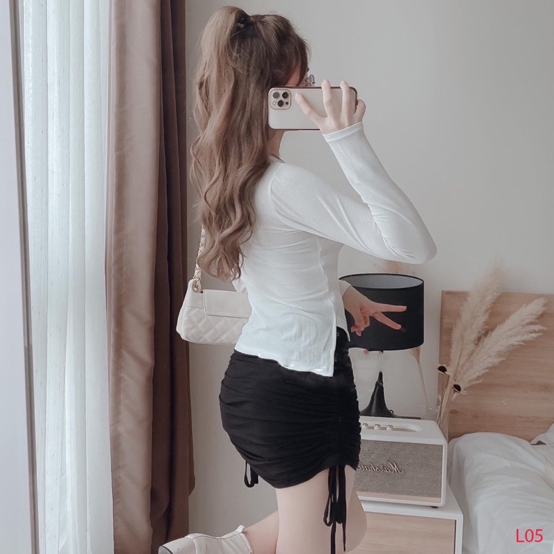 Áo Xẻ Tà Nữ Tay Dài Nhún Eo Áo Kiểu Nữ Chất Vải Thun Mềm Mại - Titifa Shop